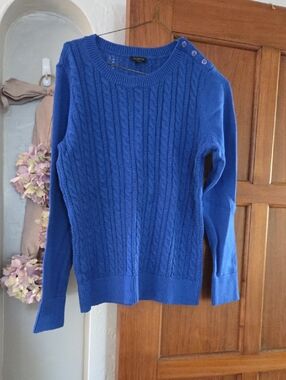 Talbots Royal Blue Cable Knit Button-Shoulder Sweater Cotton Blend.